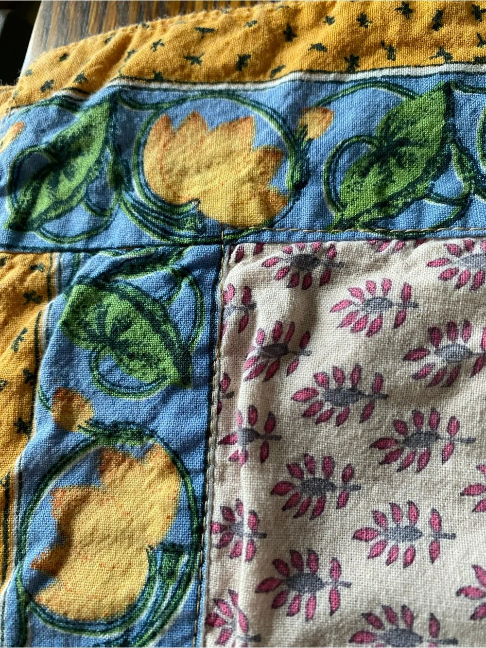 Vintage Set of 4 Cotton Placemats - Yellow Green Blue Pink Floral -Boho Folk Art